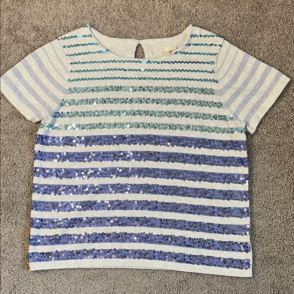 Lisa Todd Blue Teal Sequin Stripe Nautical Short Sleeve Cotton Knit Top Large